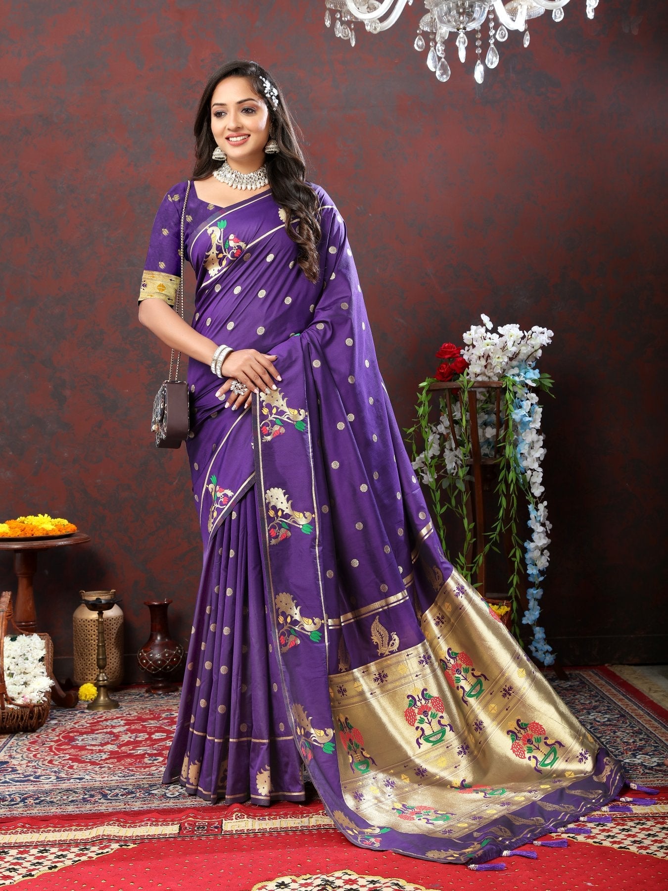 Exquisite Violet Paithani Silk Saree With Flameboyant Blouse Piece