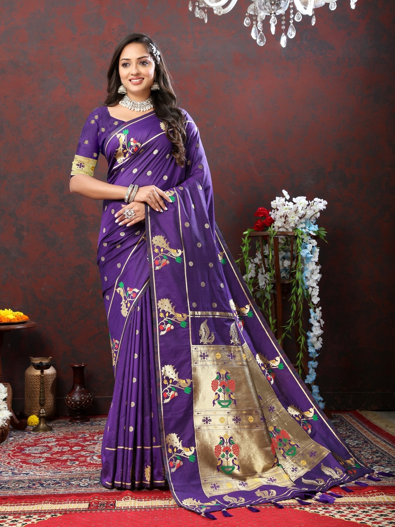 Exquisite Violet Paithani Silk Saree With Flameboyant Blouse Piece