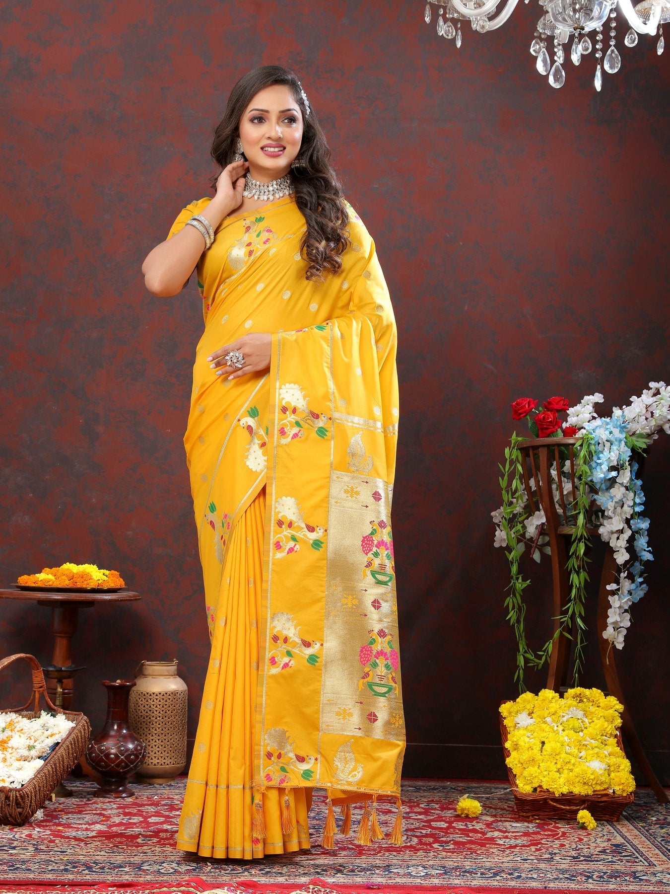 Super classy Yellow Paithani Silk Saree With Fancifull Blouse Piece