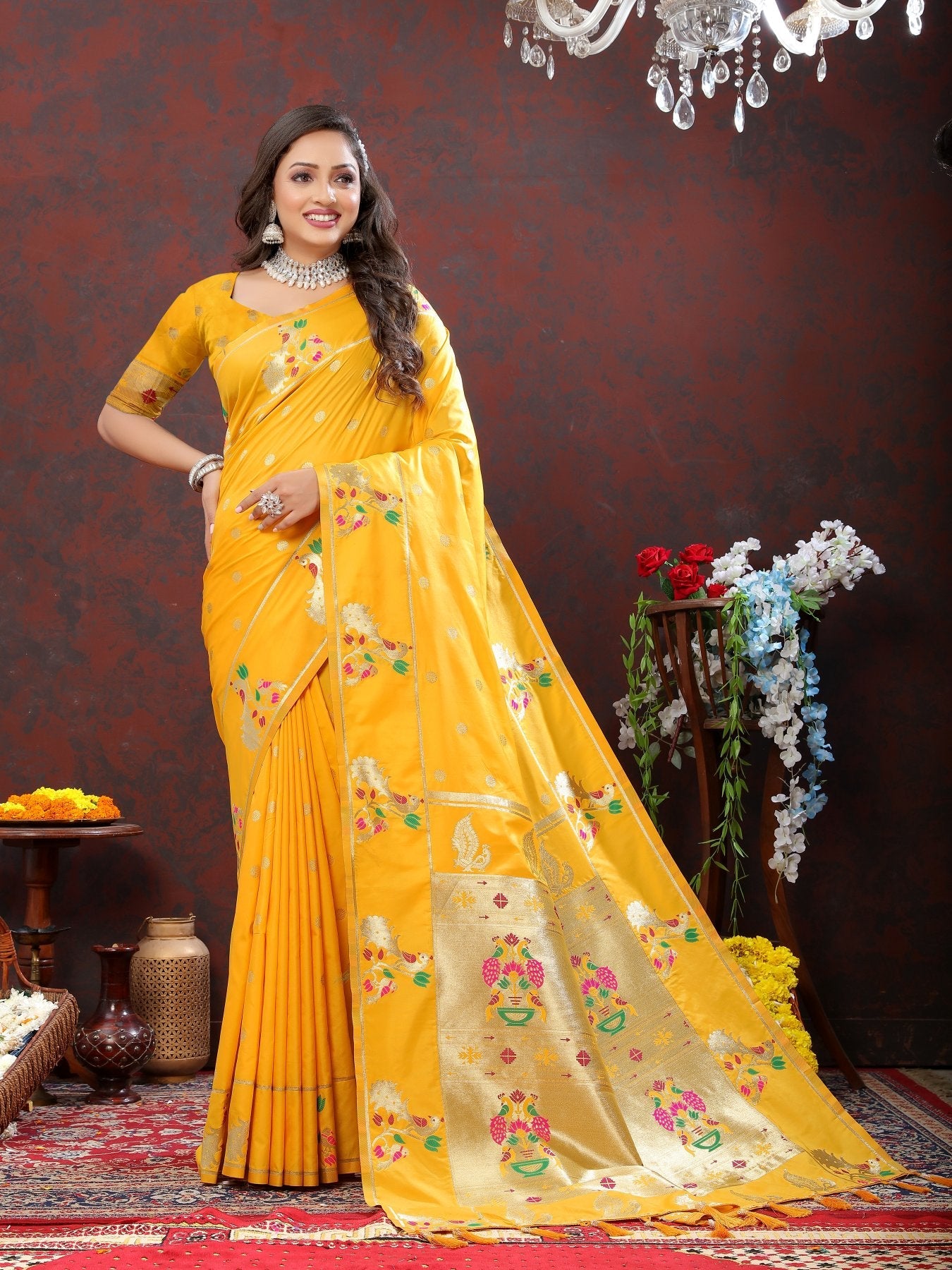 Super classy Yellow Paithani Silk Saree With Fancifull Blouse Piece