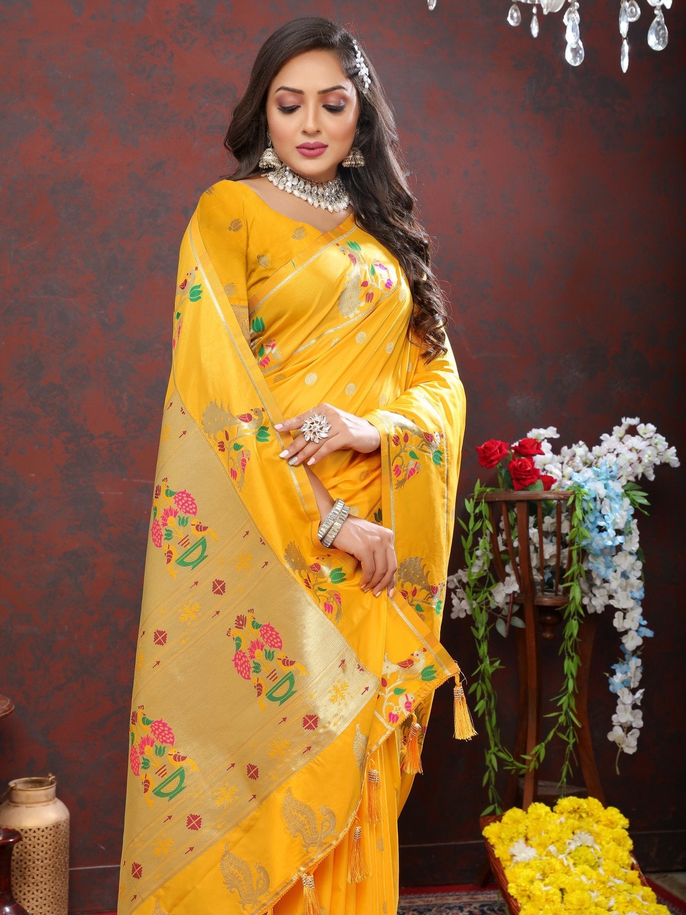 Super classy Yellow Paithani Silk Saree With Fancifull Blouse Piece