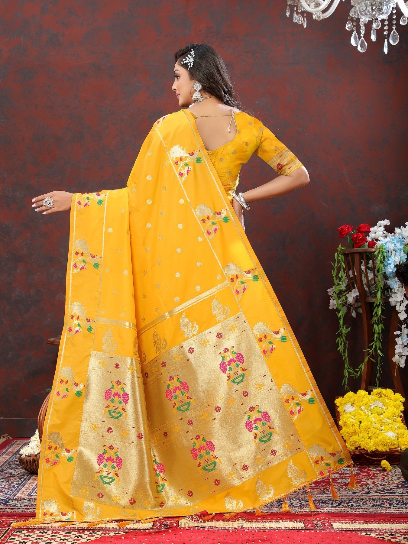 Super classy Yellow Paithani Silk Saree With Fancifull Blouse Piece