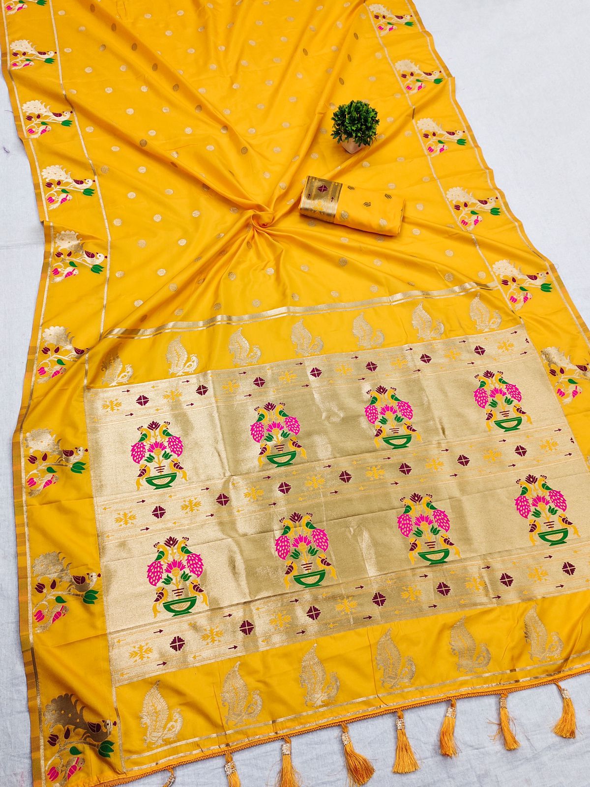 Super classy Yellow Paithani Silk Saree With Fancifull Blouse Piece