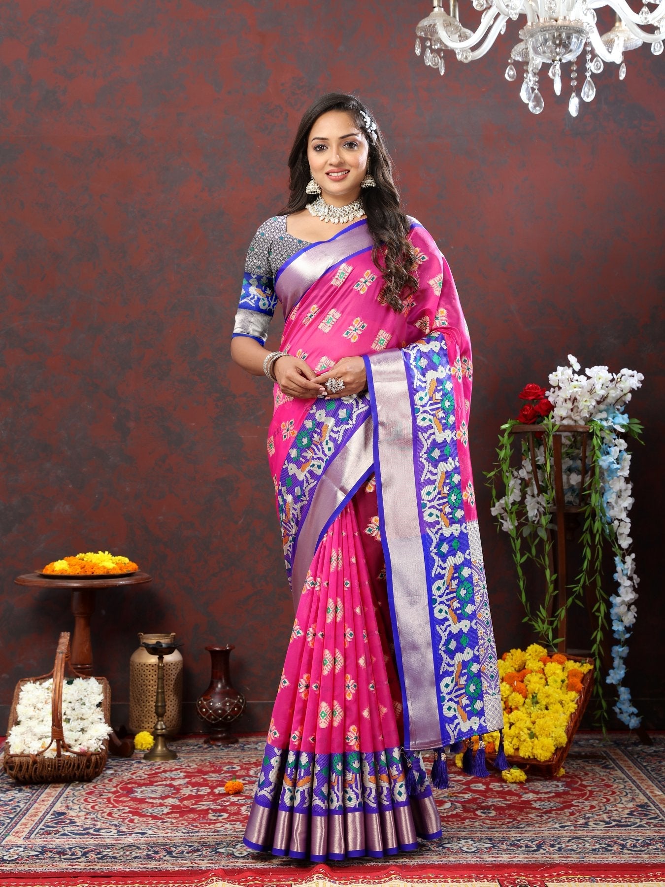 Impressive Dark Pink Organza Silk Saree With Flamboyant Blouse Piece