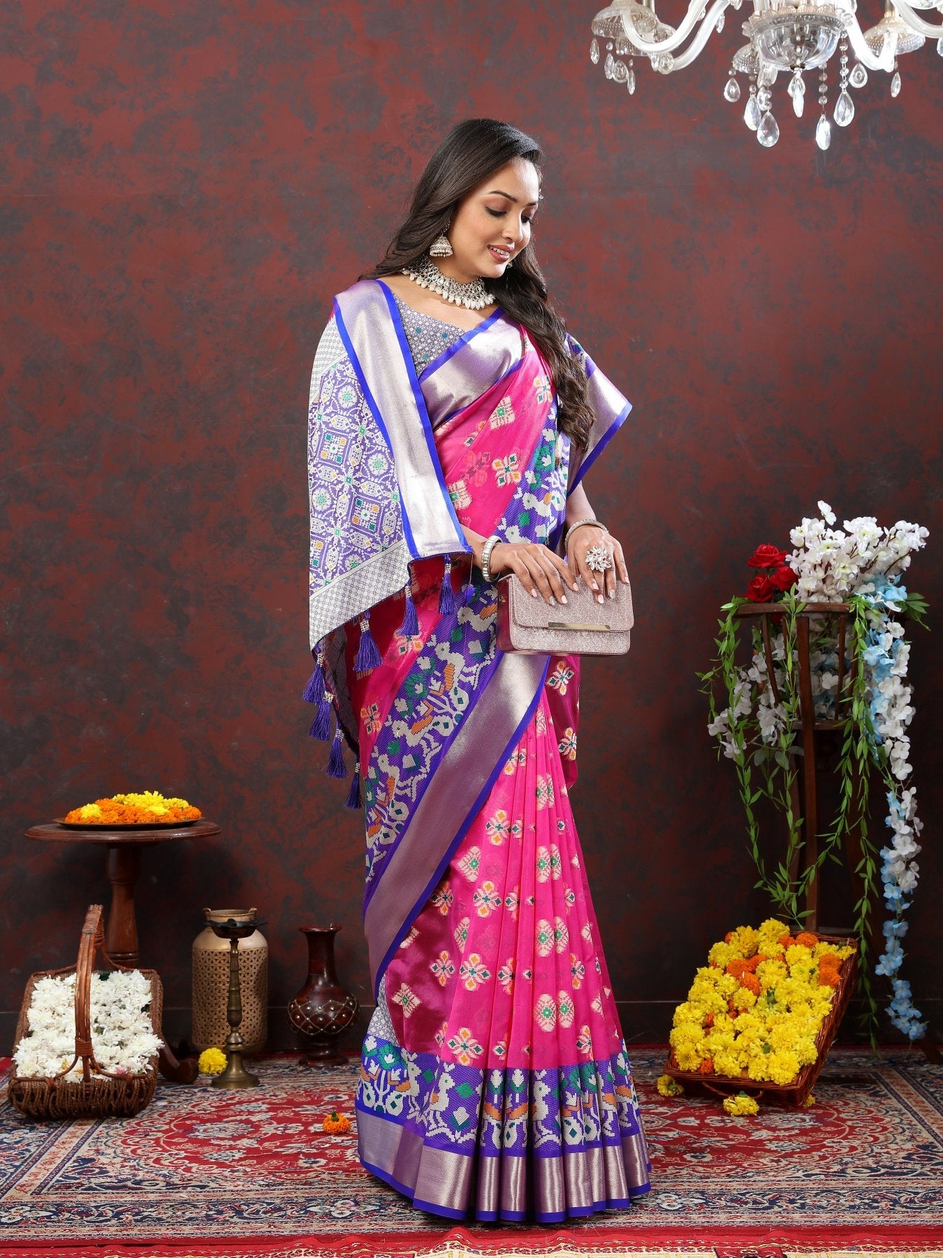 Impressive Dark Pink Organza Silk Saree With Flamboyant Blouse Piece