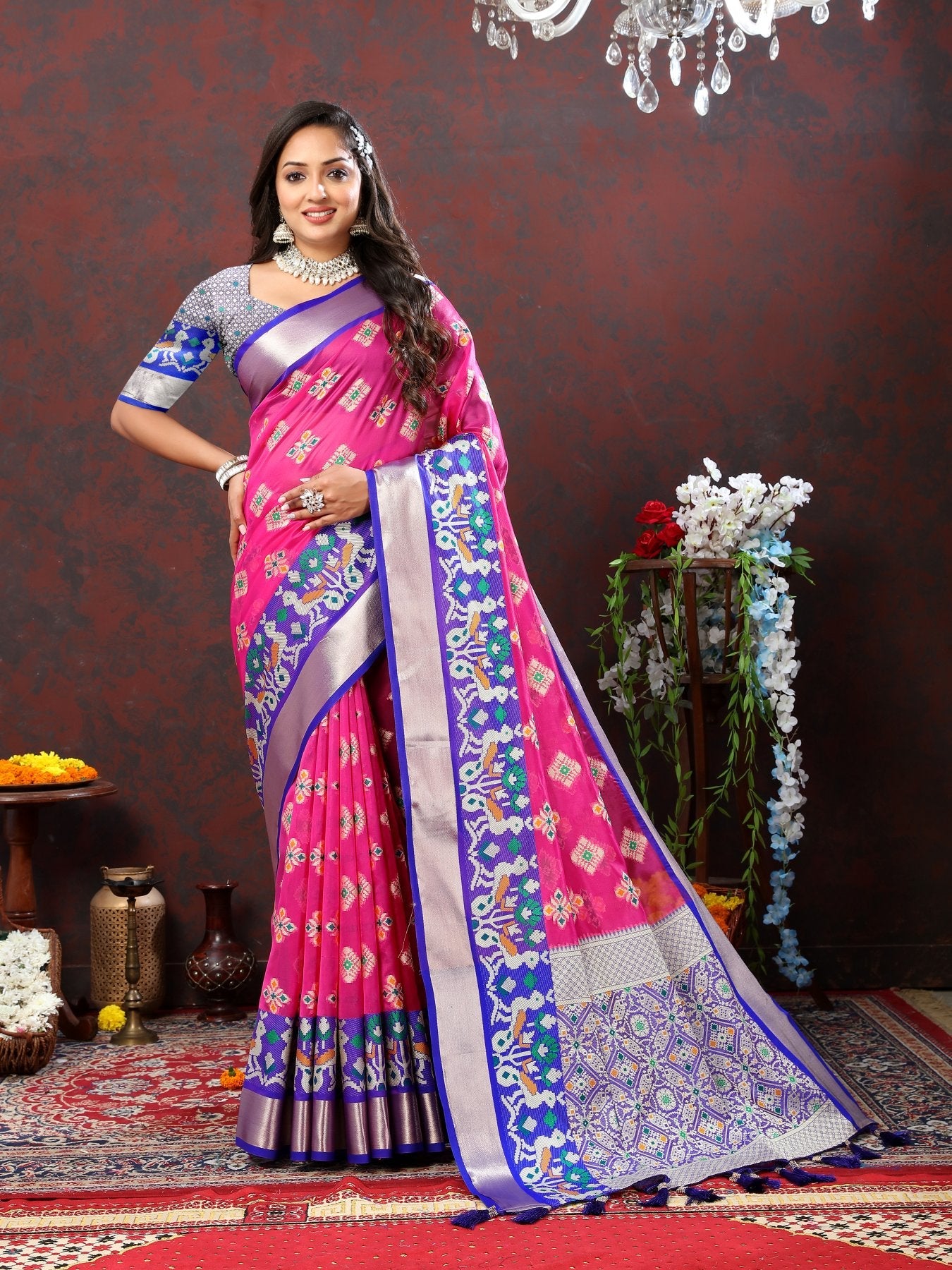 Impressive Dark Pink Organza Silk Saree With Flamboyant Blouse Piece