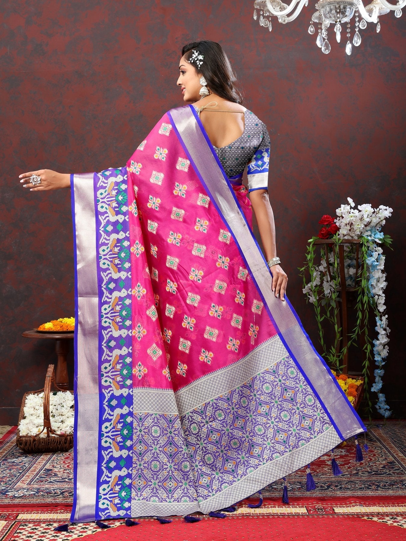 Impressive Dark Pink Organza Silk Saree With Flamboyant Blouse Piece