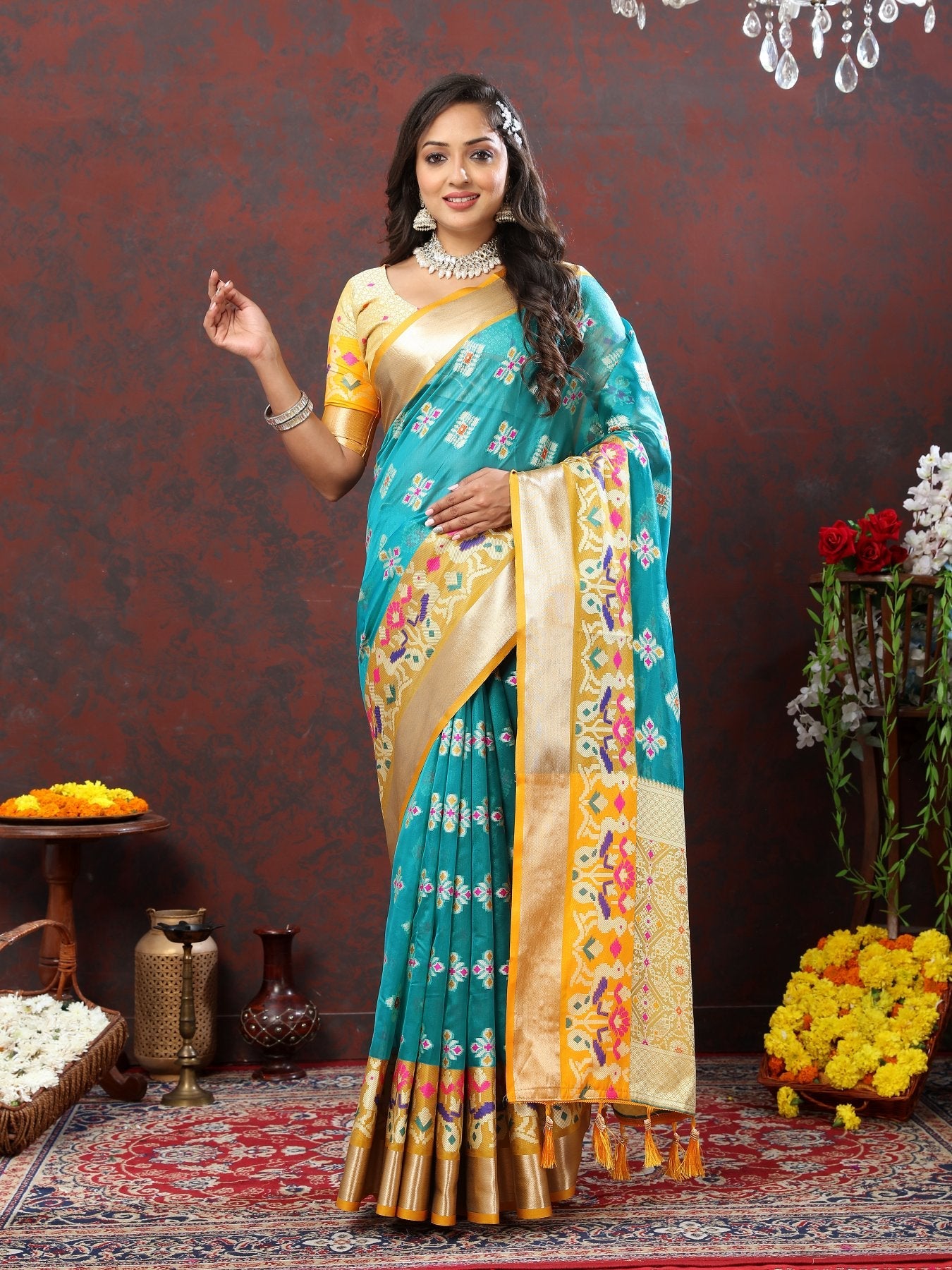 Preferable Firozi Organza Silk Saree With Engrossing Blouse Piece