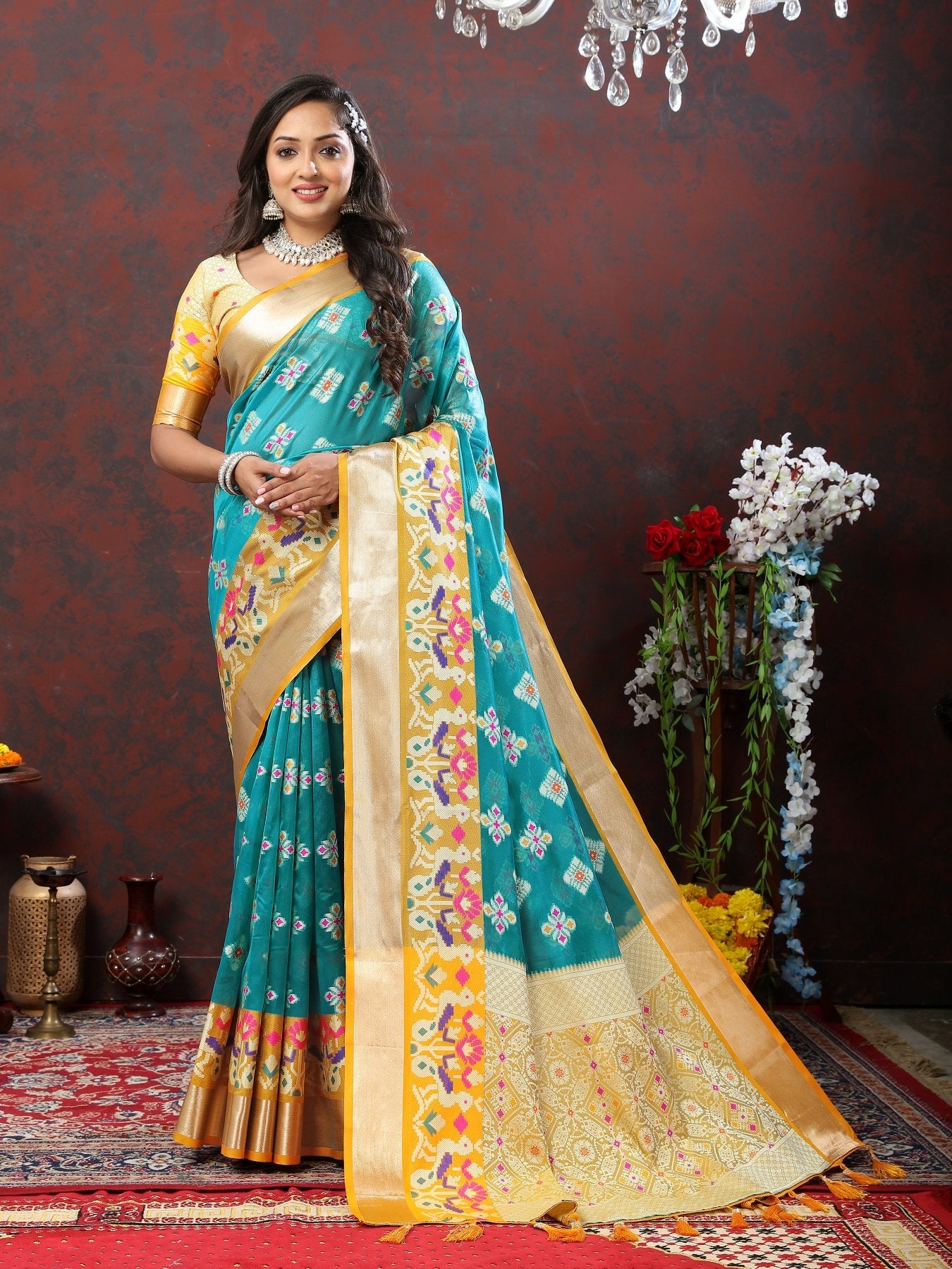 Preferable Firozi Organza Silk Saree With Engrossing Blouse Piece