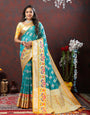 Preferable Firozi Organza Silk Saree With Engrossing Blouse Piece