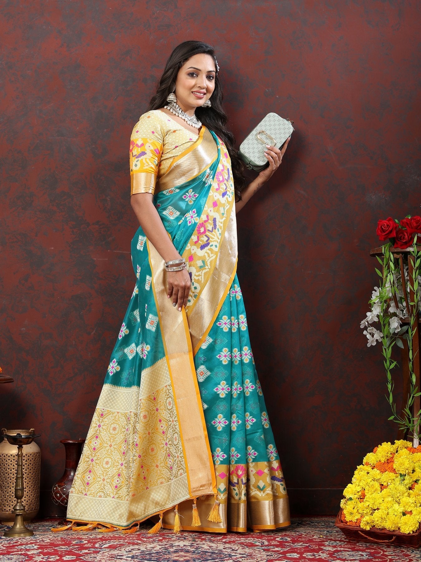 Preferable Firozi Organza Silk Saree With Engrossing Blouse Piece