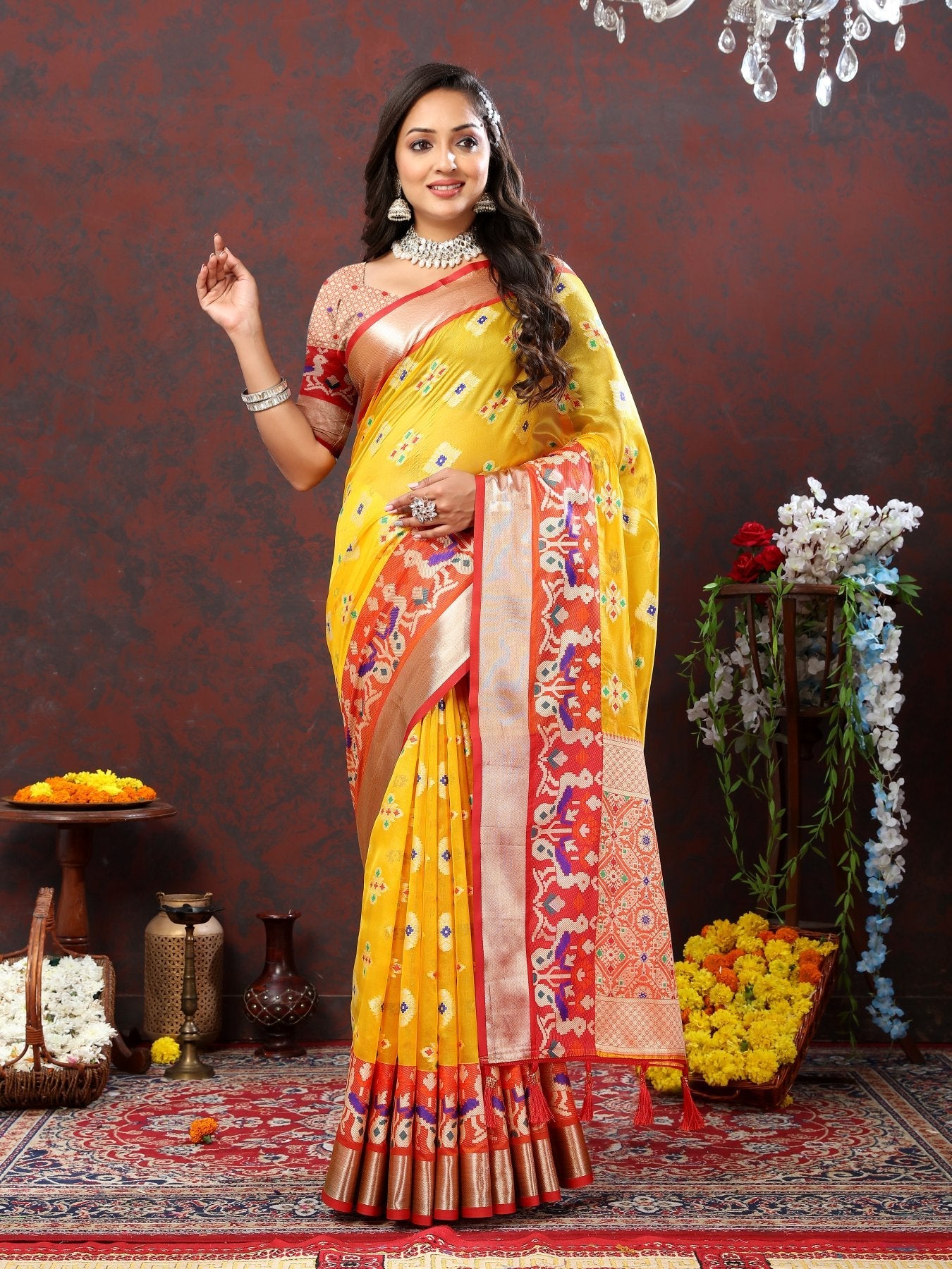 Flamboyant Yellow Organza Silk Saree With Ethnic Blouse Piece