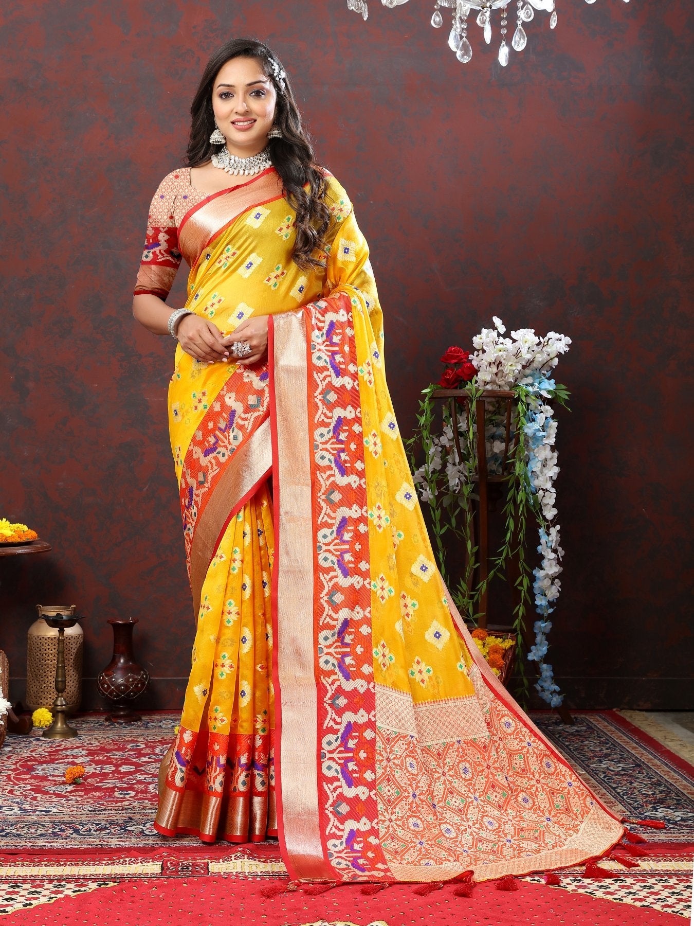 Flamboyant Yellow Organza Silk Saree With Ethnic Blouse Piece