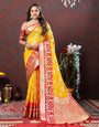 Flamboyant Yellow Organza Silk Saree With Ethnic Blouse Piece