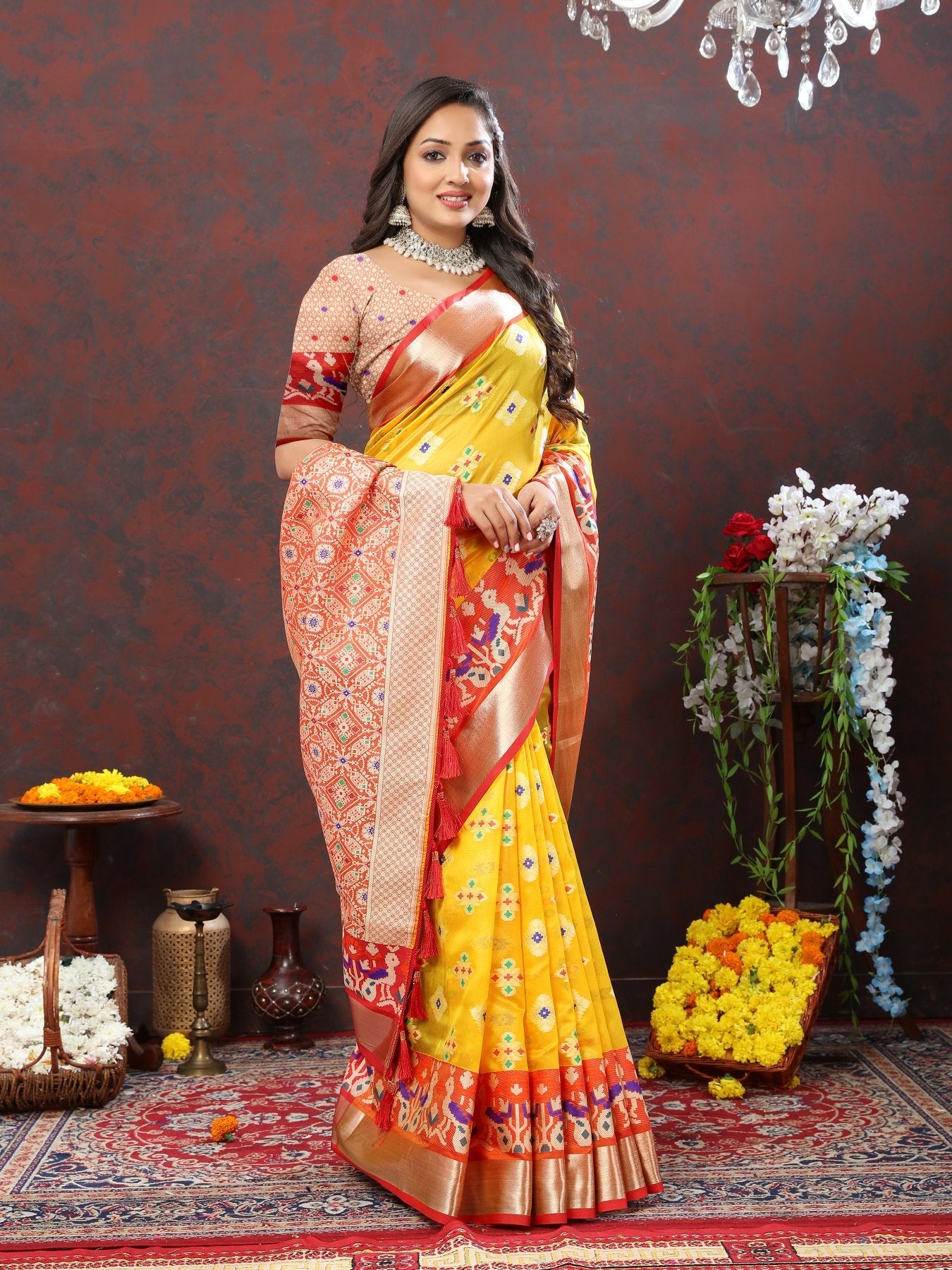 Flamboyant Yellow Organza Silk Saree With Ethnic Blouse Piece