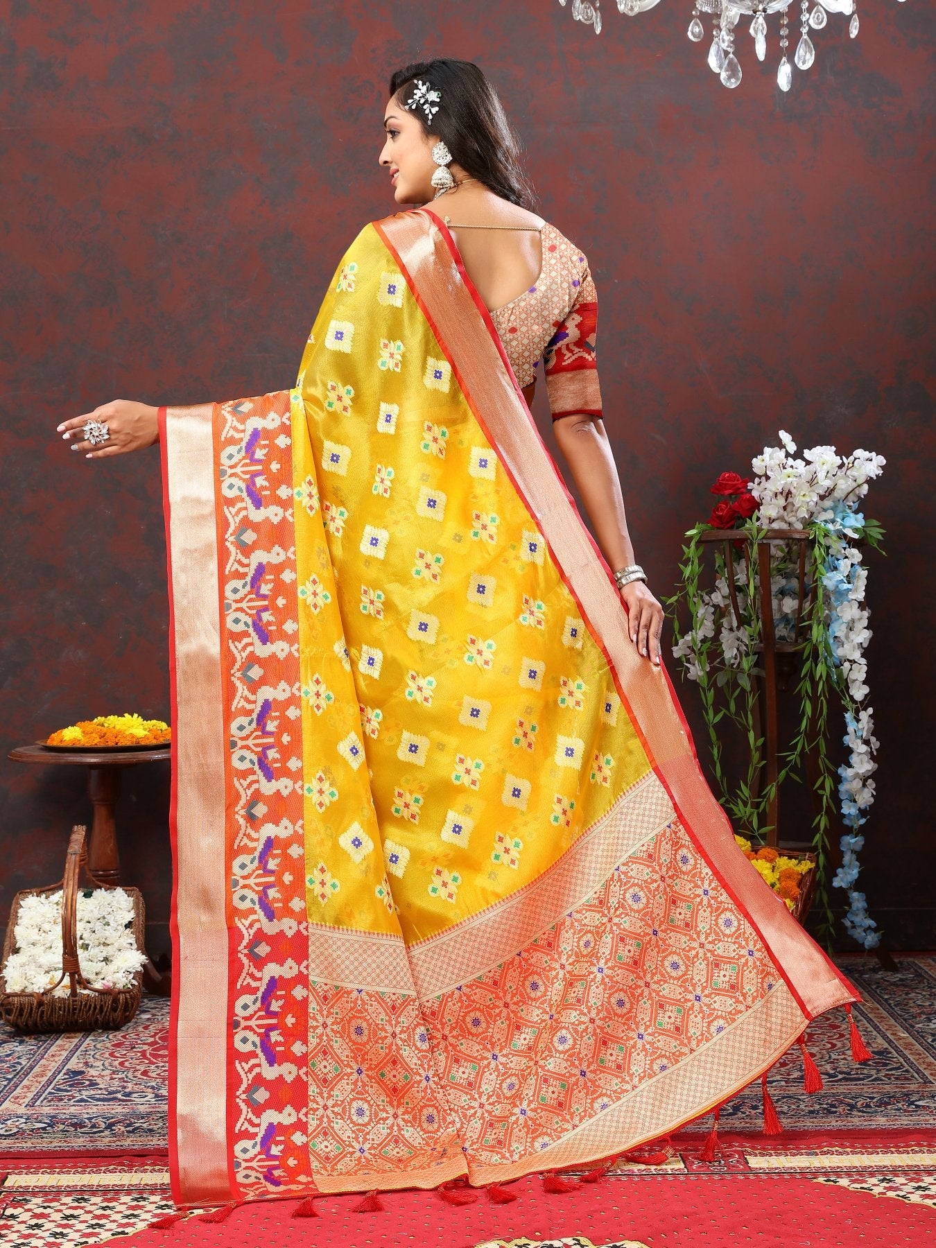 Flamboyant Yellow Organza Silk Saree With Ethnic Blouse Piece