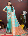 Mesmeric Firozi Cotton Silk Saree With Blooming Blouse Piece