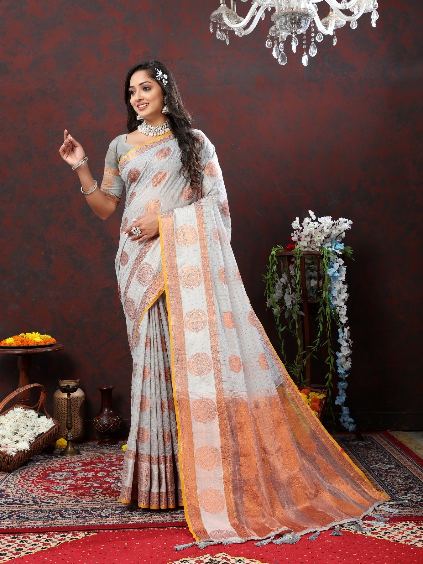 Blissful Grey Cotton Silk Saree With Appealing Blouse Piece