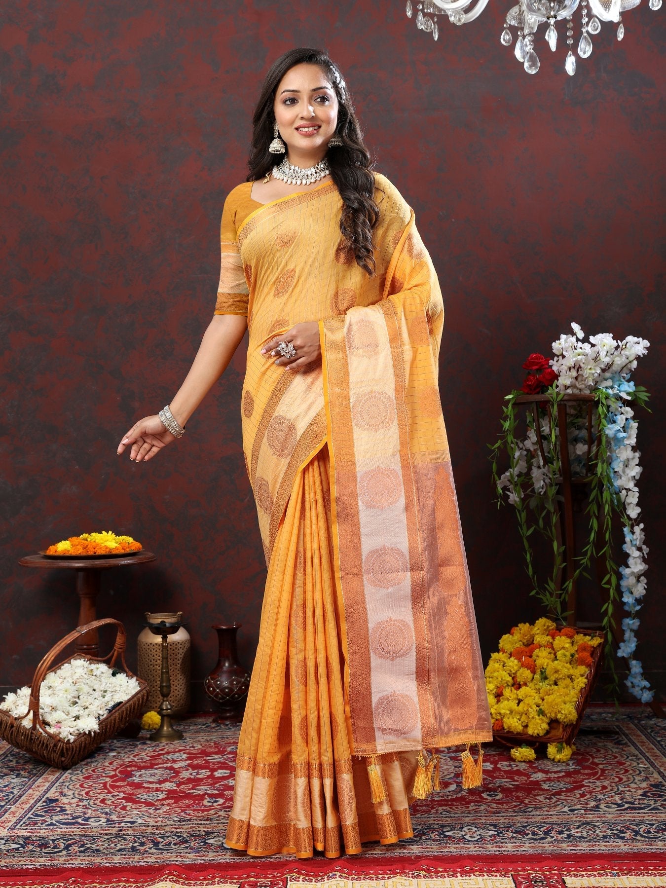 Prominent Mustard Cotton Silk Saree With Desiring Blouse Piece