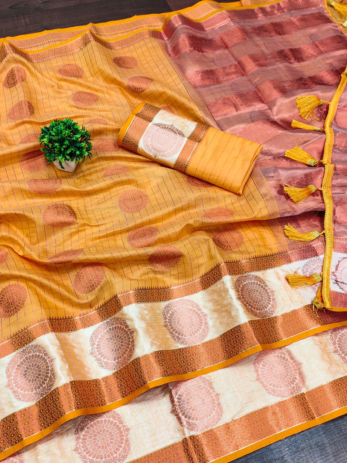 Prominent Mustard Cotton Silk Saree With Desiring Blouse Piece