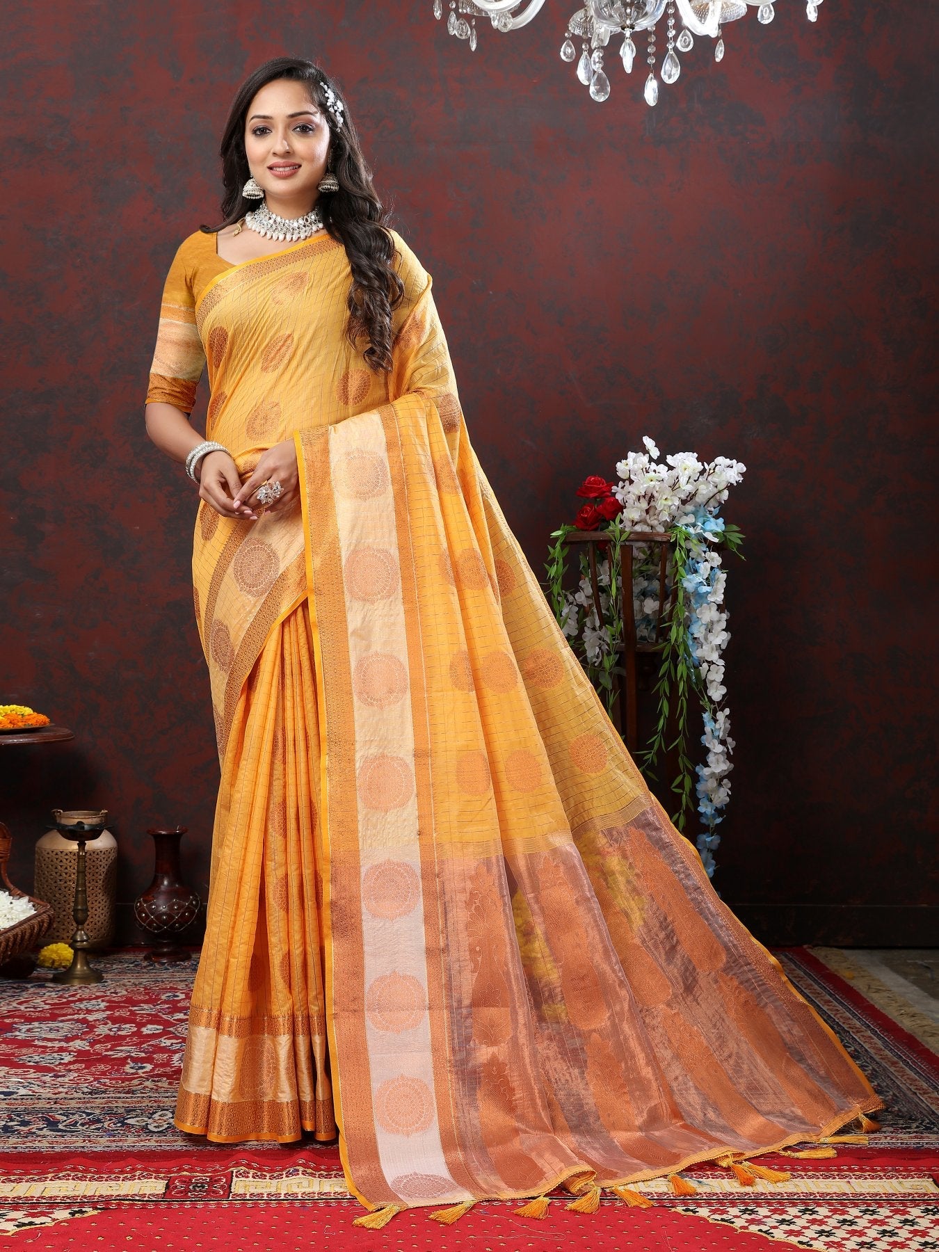 Prominent Mustard Cotton Silk Saree With Desiring Blouse Piece