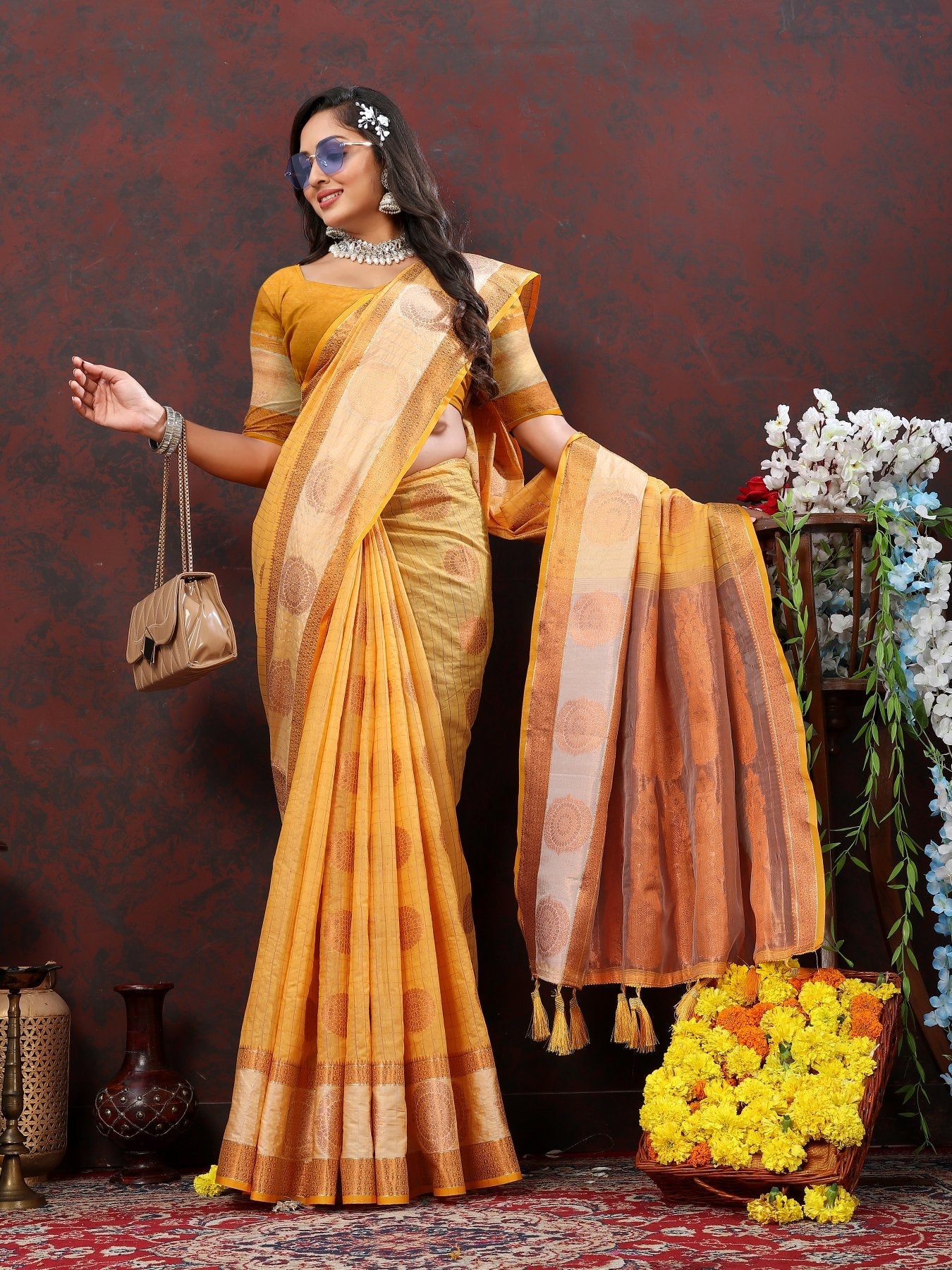 Prominent Mustard Cotton Silk Saree With Desiring Blouse Piece