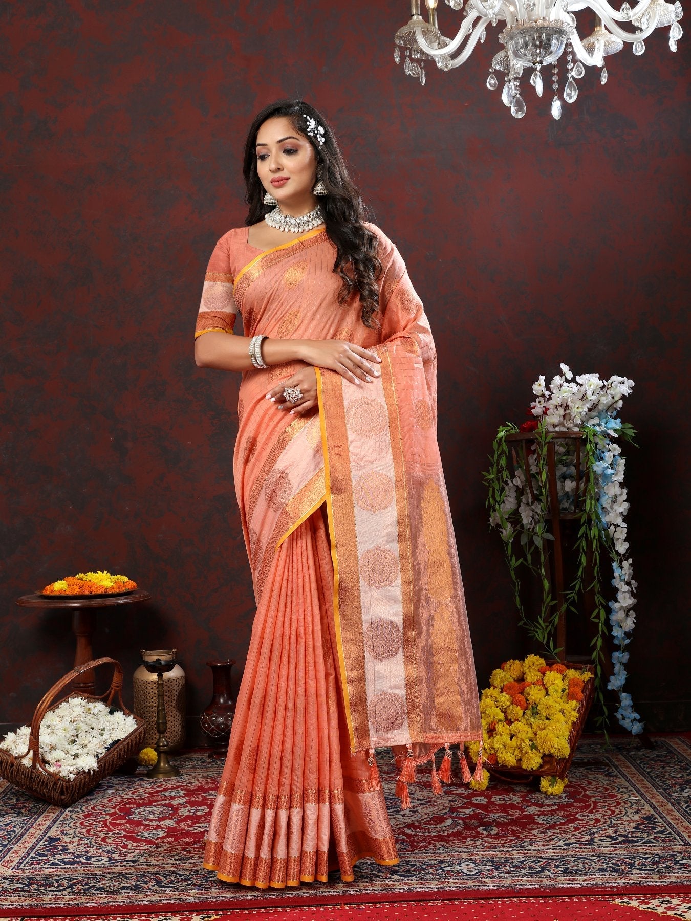 Majesty Peach Cotton Silk Saree With Jazzy Blouse Piece