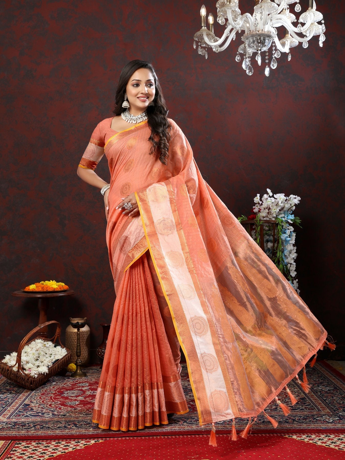 Majesty Peach Cotton Silk Saree With Jazzy Blouse Piece