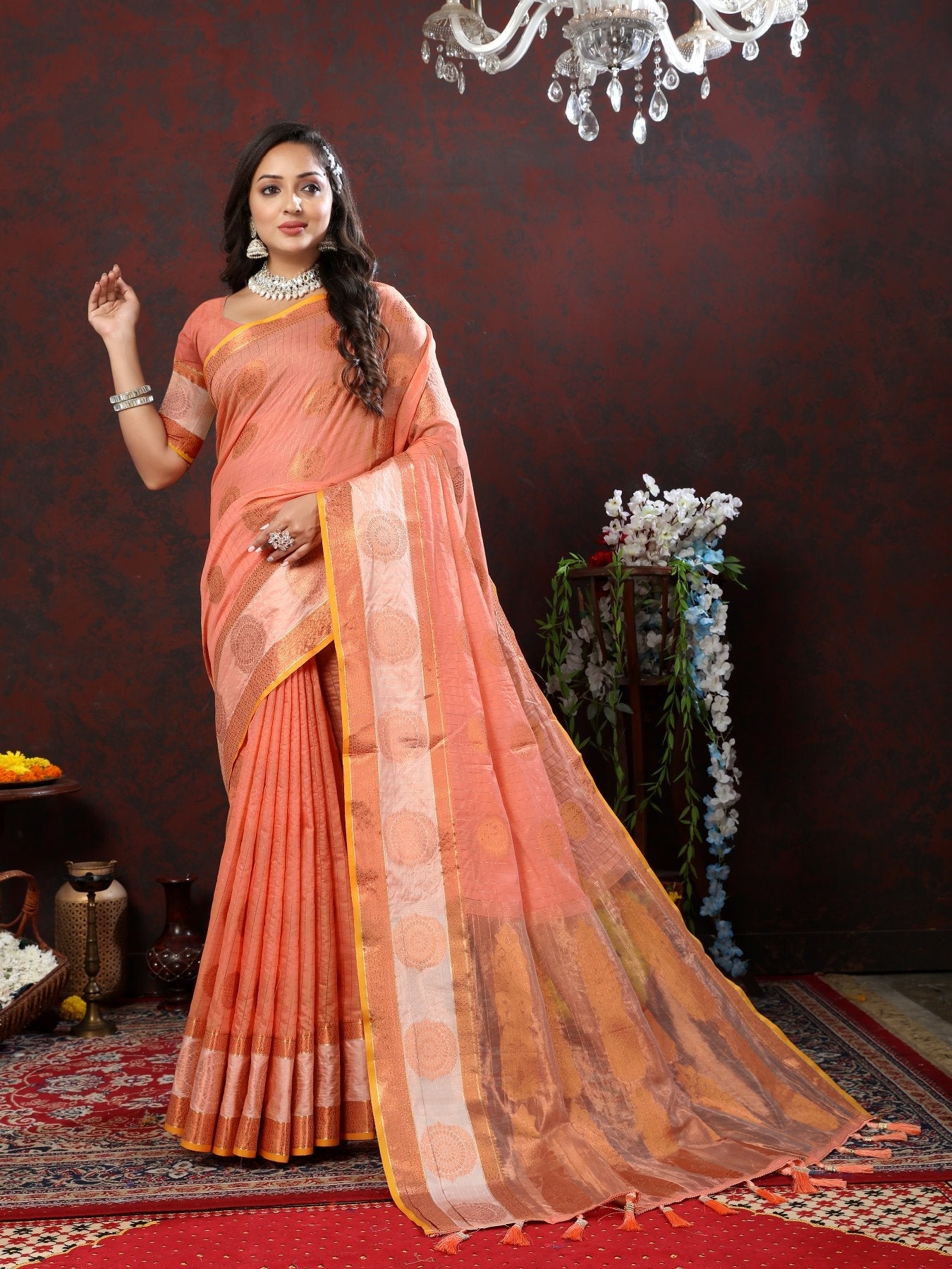 Majesty Peach Cotton Silk Saree With Jazzy Blouse Piece