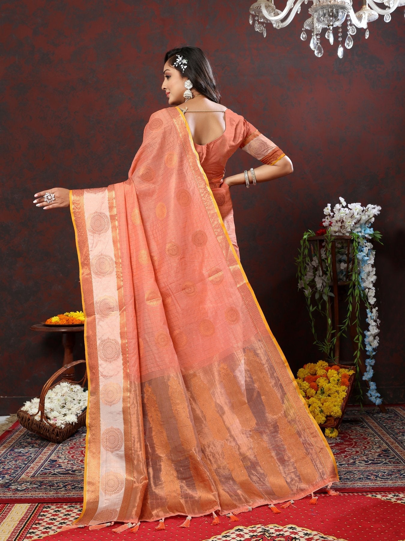 Majesty Peach Cotton Silk Saree With Jazzy Blouse Piece