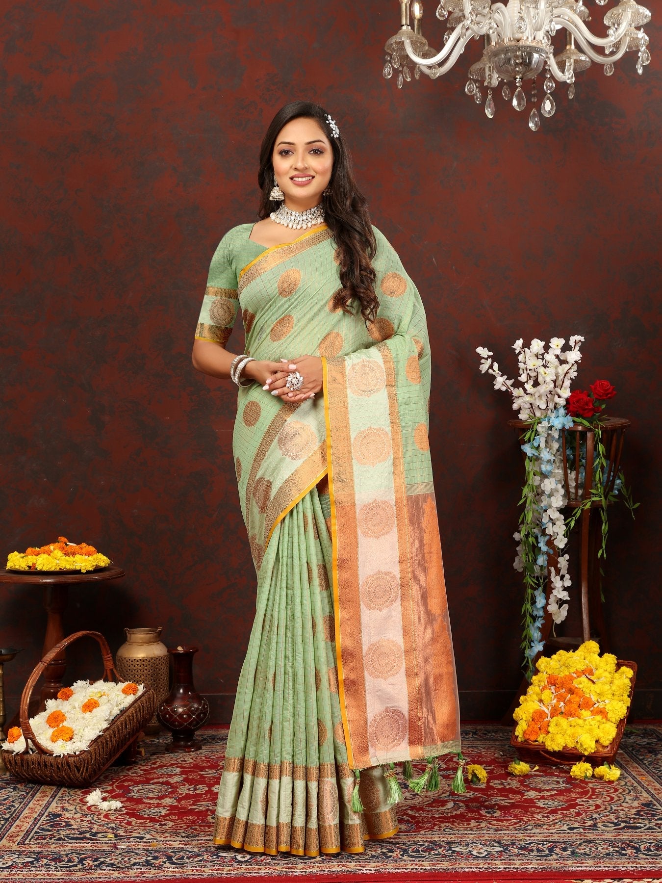 Groovy Pista Cotton Silk Saree With Smart Blouse Piece