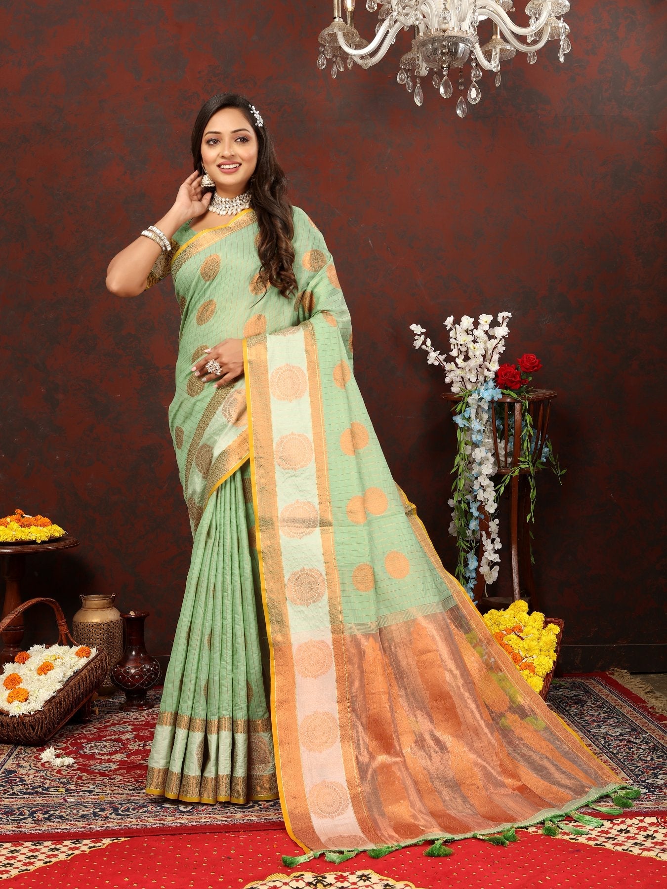 Groovy Pista Cotton Silk Saree With Smart Blouse Piece