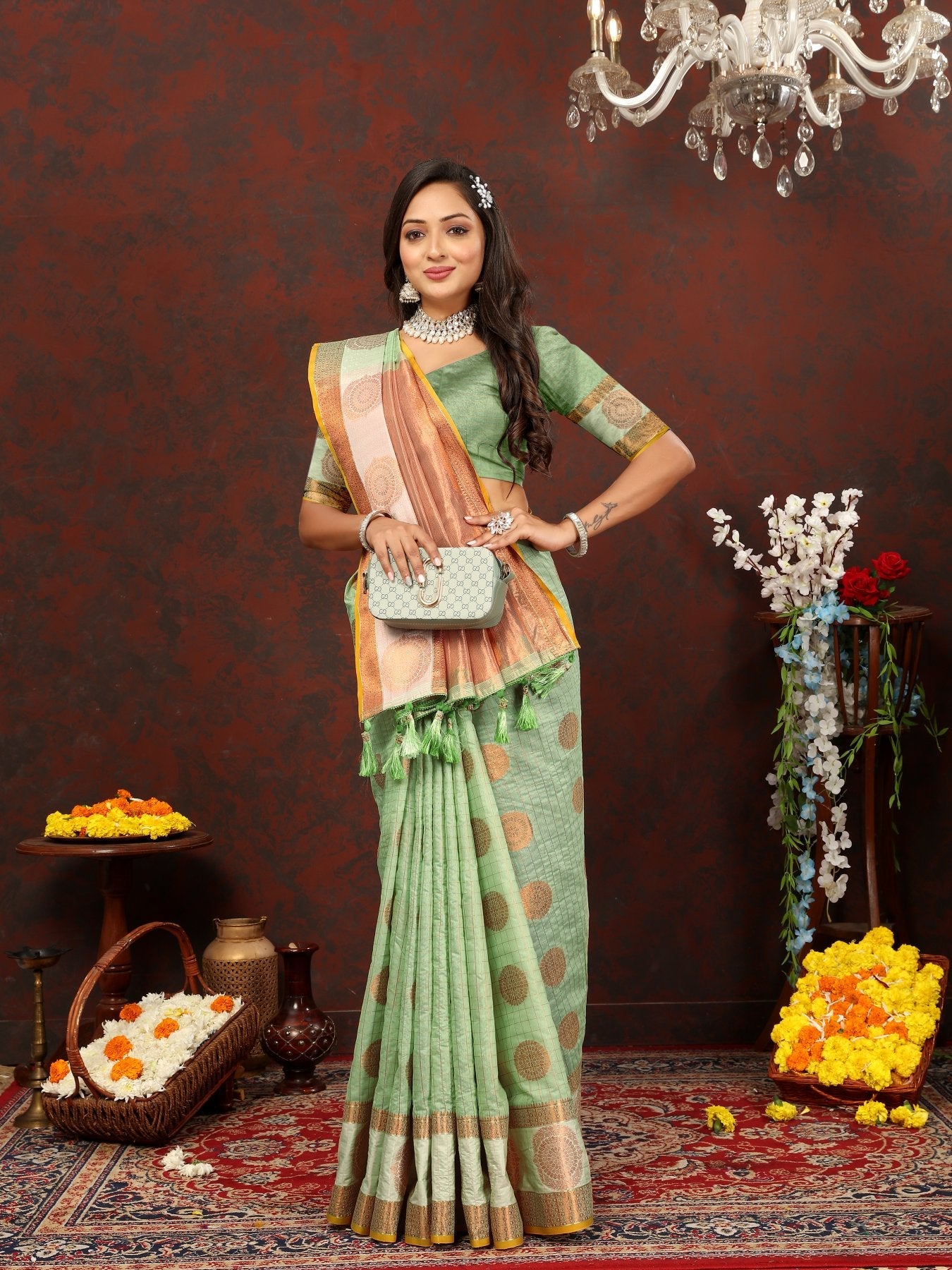 Groovy Pista Cotton Silk Saree With Smart Blouse Piece