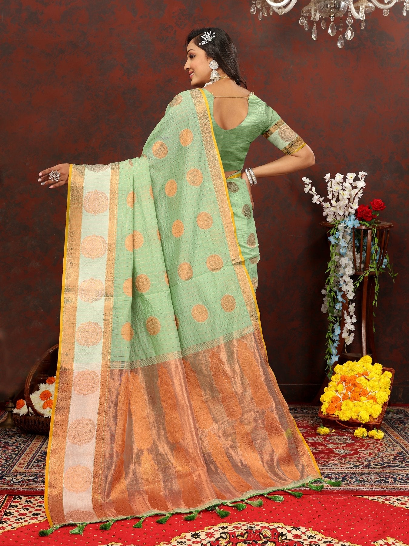 Groovy Pista Cotton Silk Saree With Smart Blouse Piece