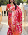 Efflorescence Red Soft Banarasi Silk Saree With Susurrous Blouse Piece