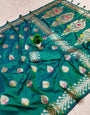 Eye-catching Rama Soft Banarasi Silk Saree With Surreptitious Blouse Piece