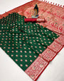 Fancifull Dark Green Soft Banarasi Silk Saree With Woebegone Blouse Piece