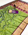 Fantabulous Green Paithani Silk Saree With Panache Blouse Piece
