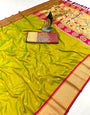 Ethereal Mehndi Paithani Silk Saree With Murmurous Blouse Piece