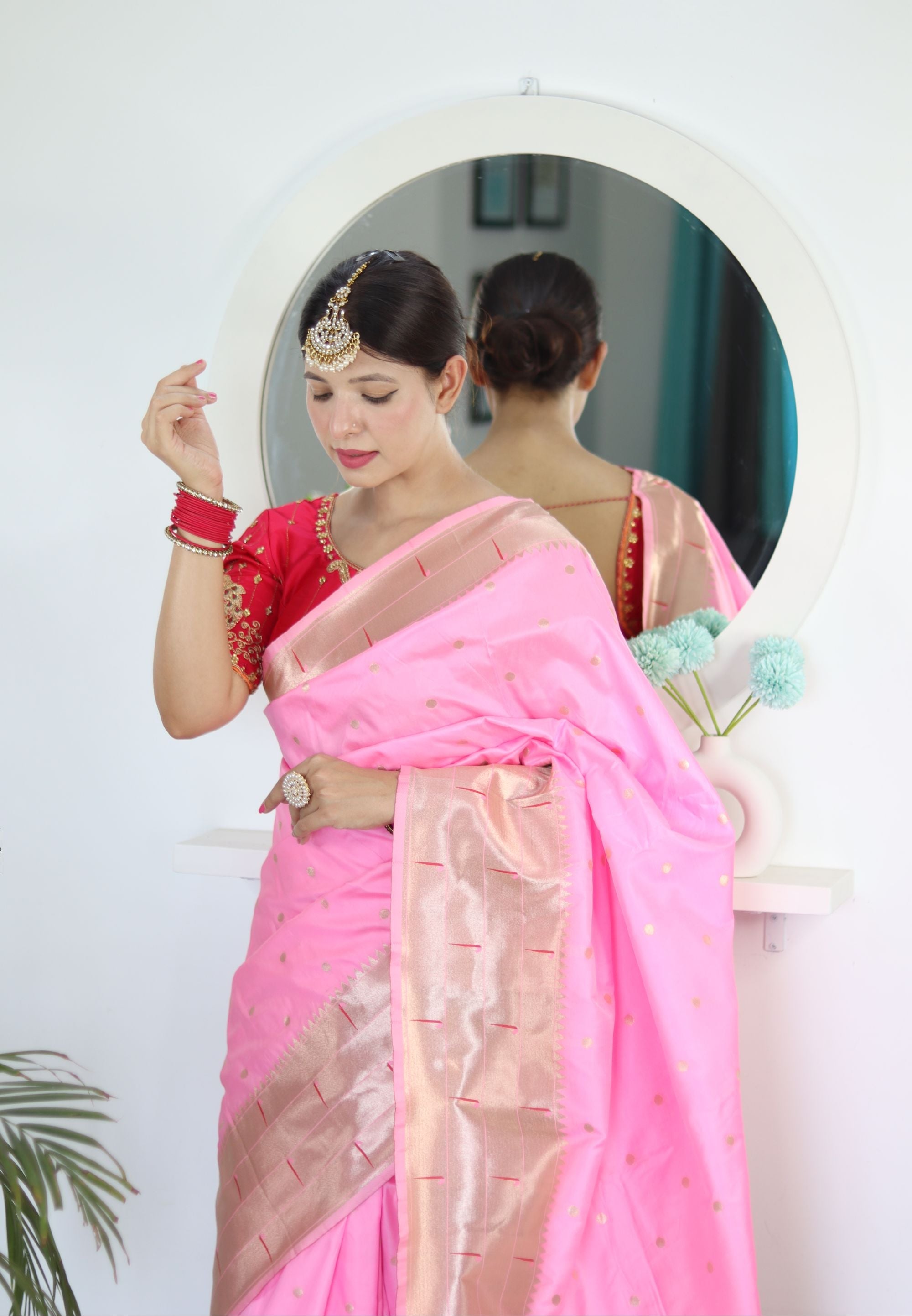 Alluring Baby Pink Paithani Silk Saree With Smart Blouse Piece