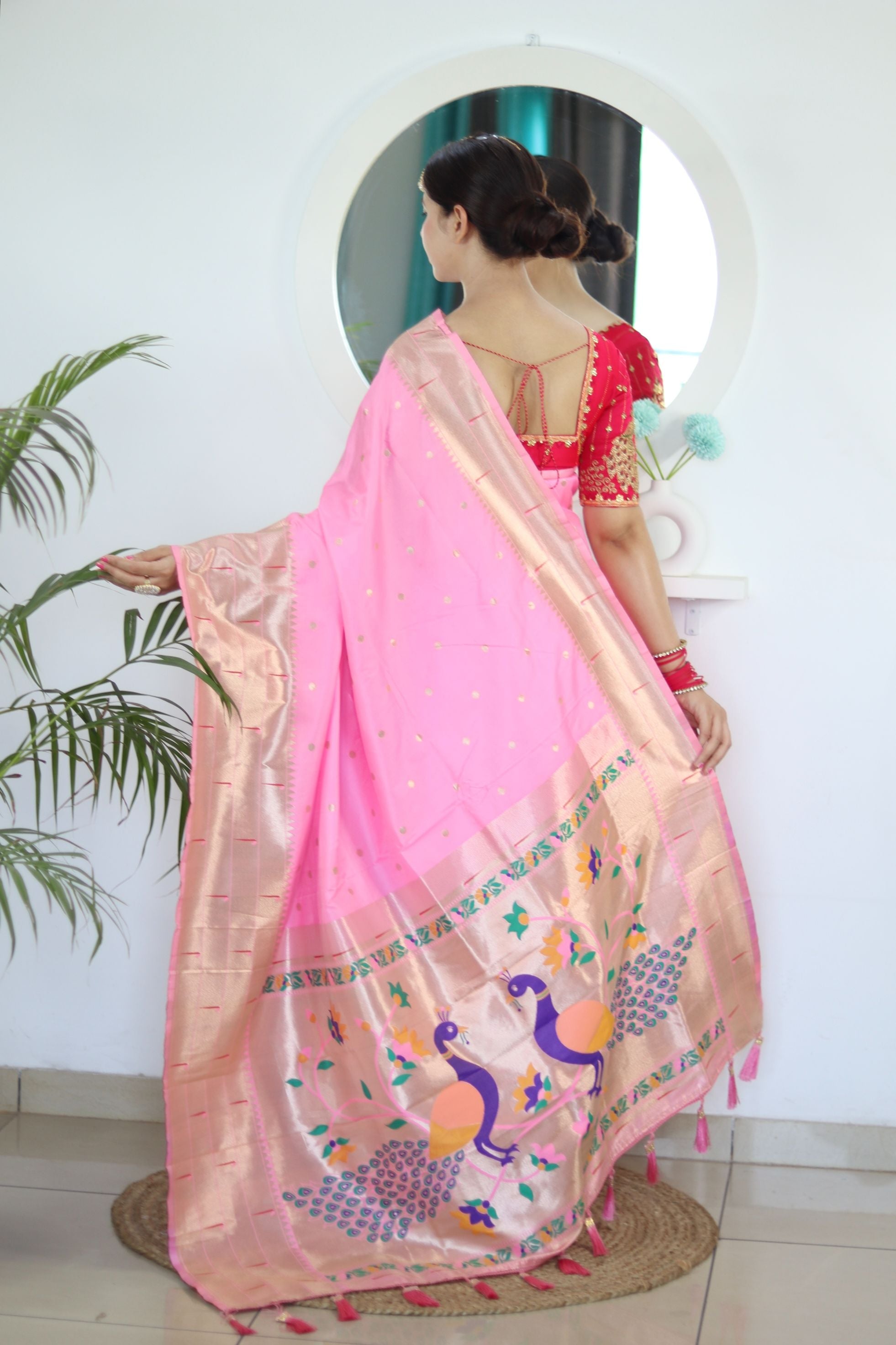 Alluring Baby Pink Paithani Silk Saree With Smart Blouse Piece