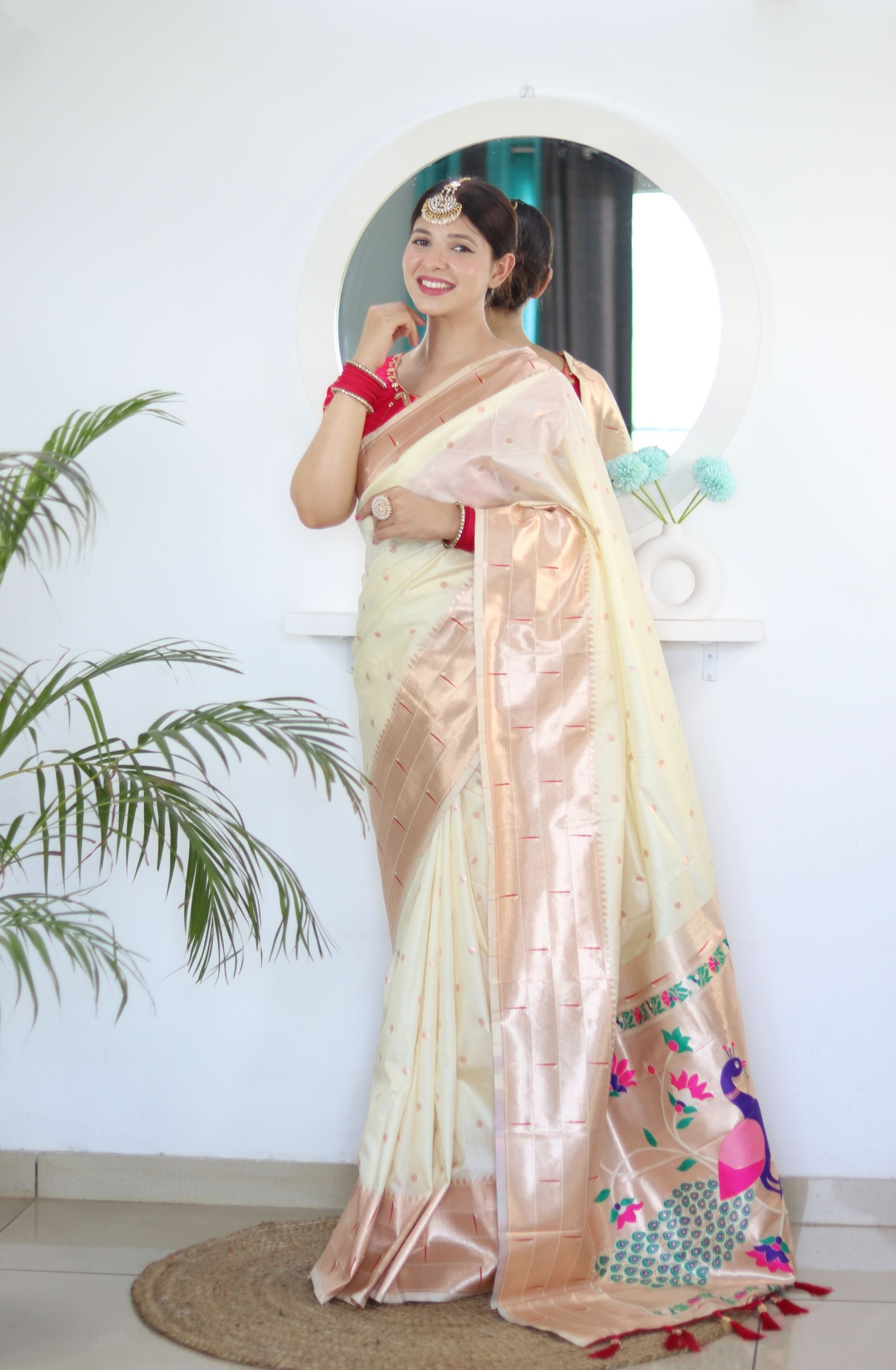 Opulent Beige Paithani Silk Saree With Designer Blouse Piece