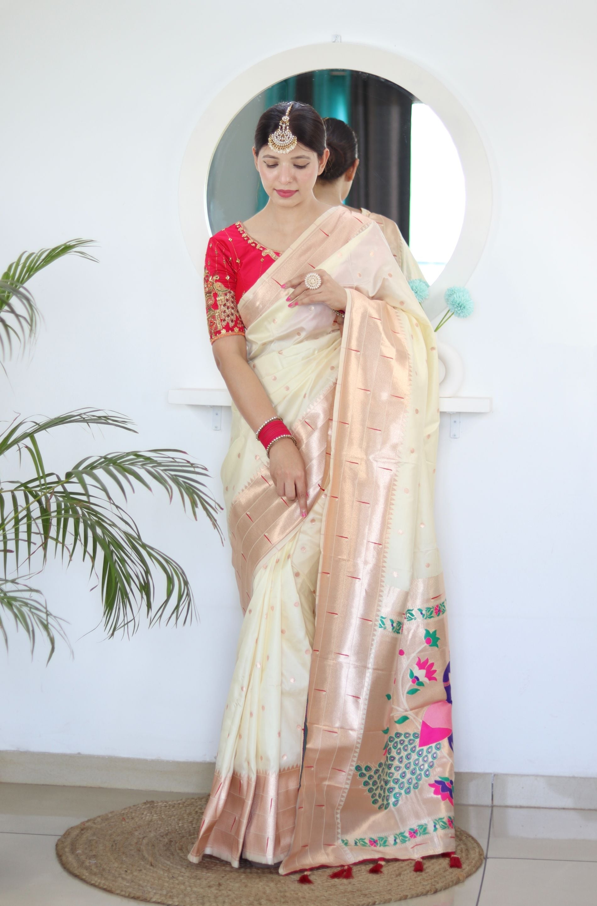 Opulent Beige Paithani Silk Saree With Designer Blouse Piece