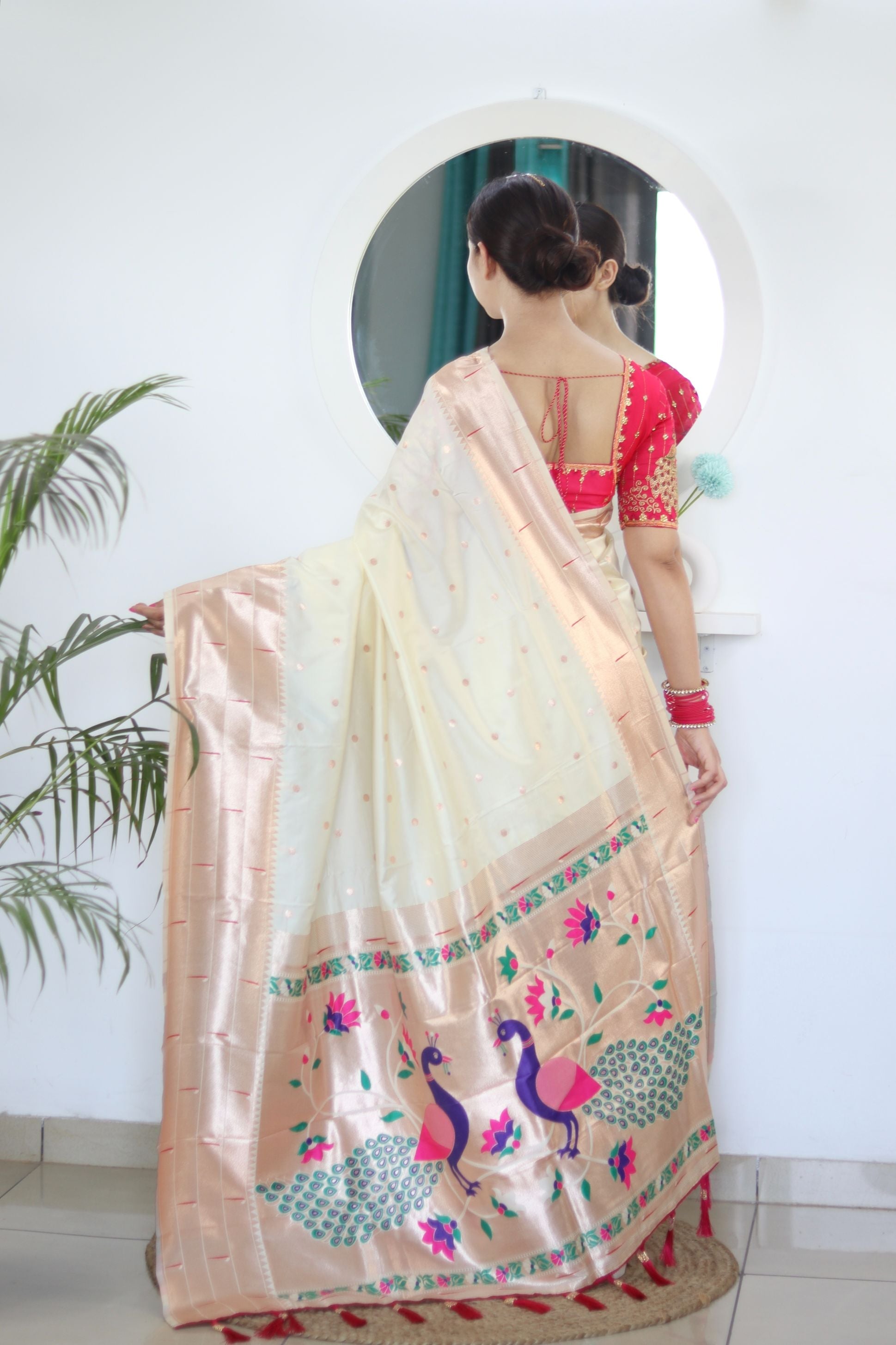 Opulent Beige Paithani Silk Saree With Designer Blouse Piece