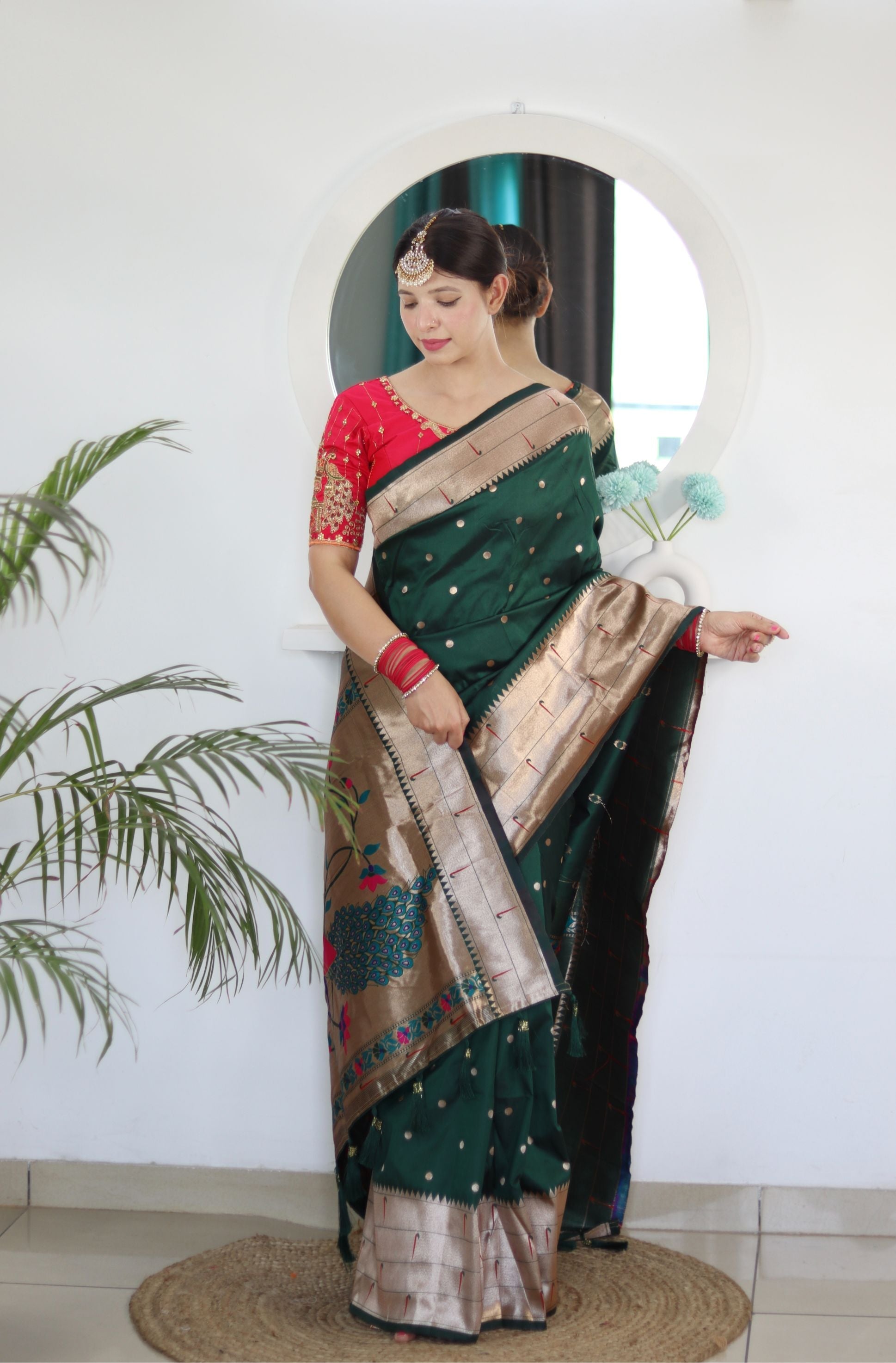 Gorgeous Dark Green Paithani Silk Saree With Designer Blouse Piece