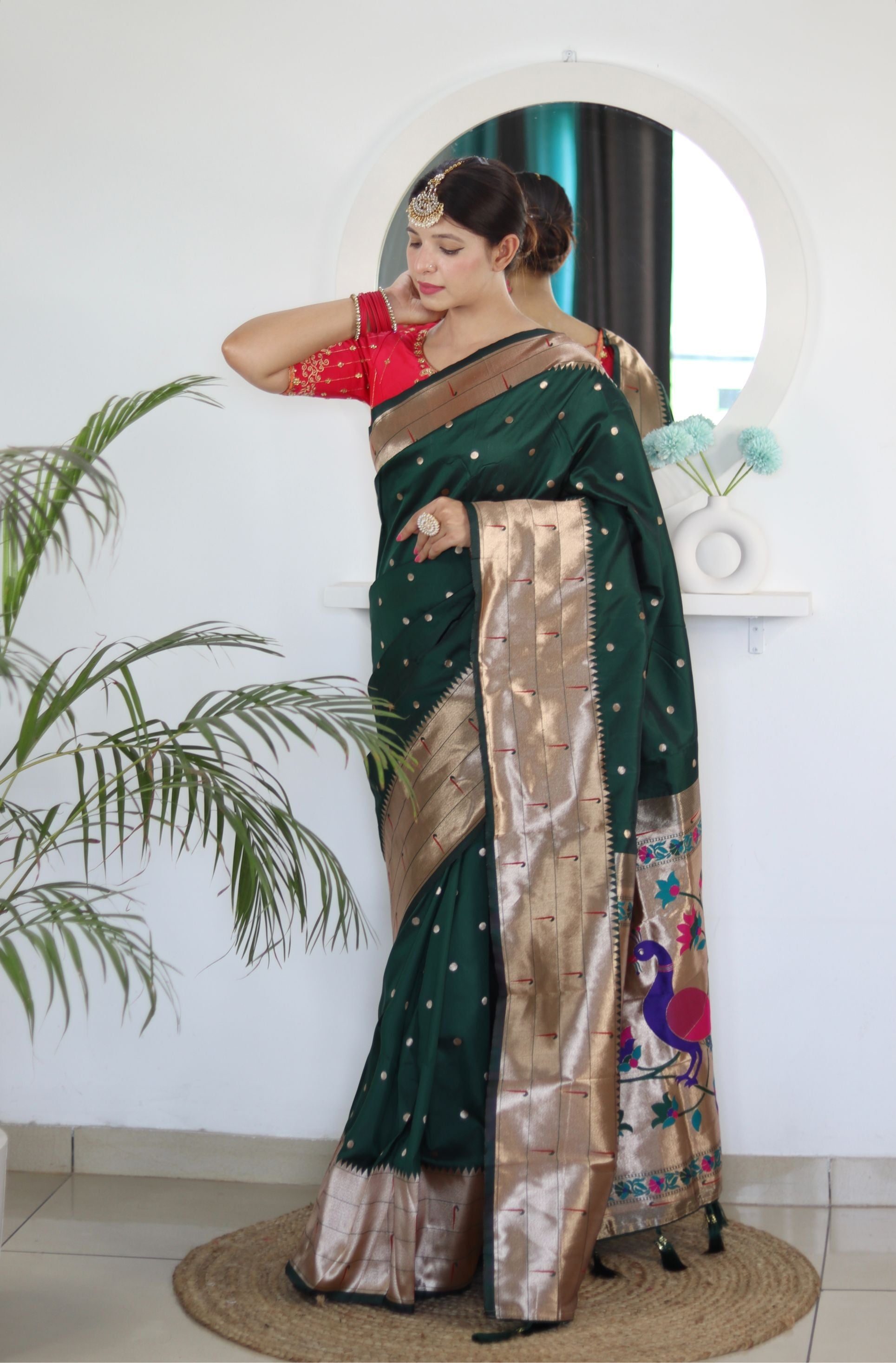 Gorgeous Dark Green Paithani Silk Saree With Designer Blouse Piece