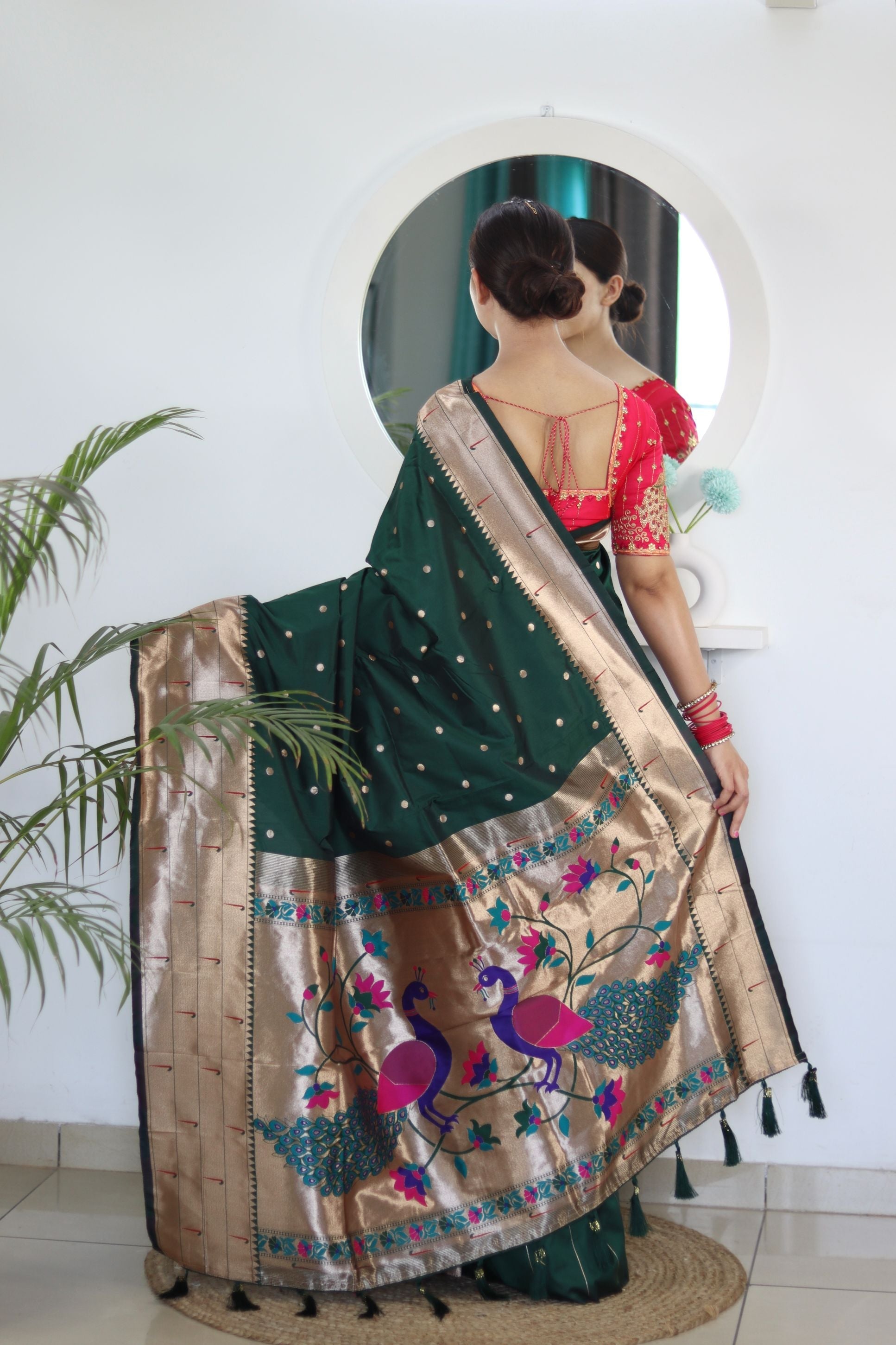 Gorgeous Dark Green Paithani Silk Saree With Designer Blouse Piece