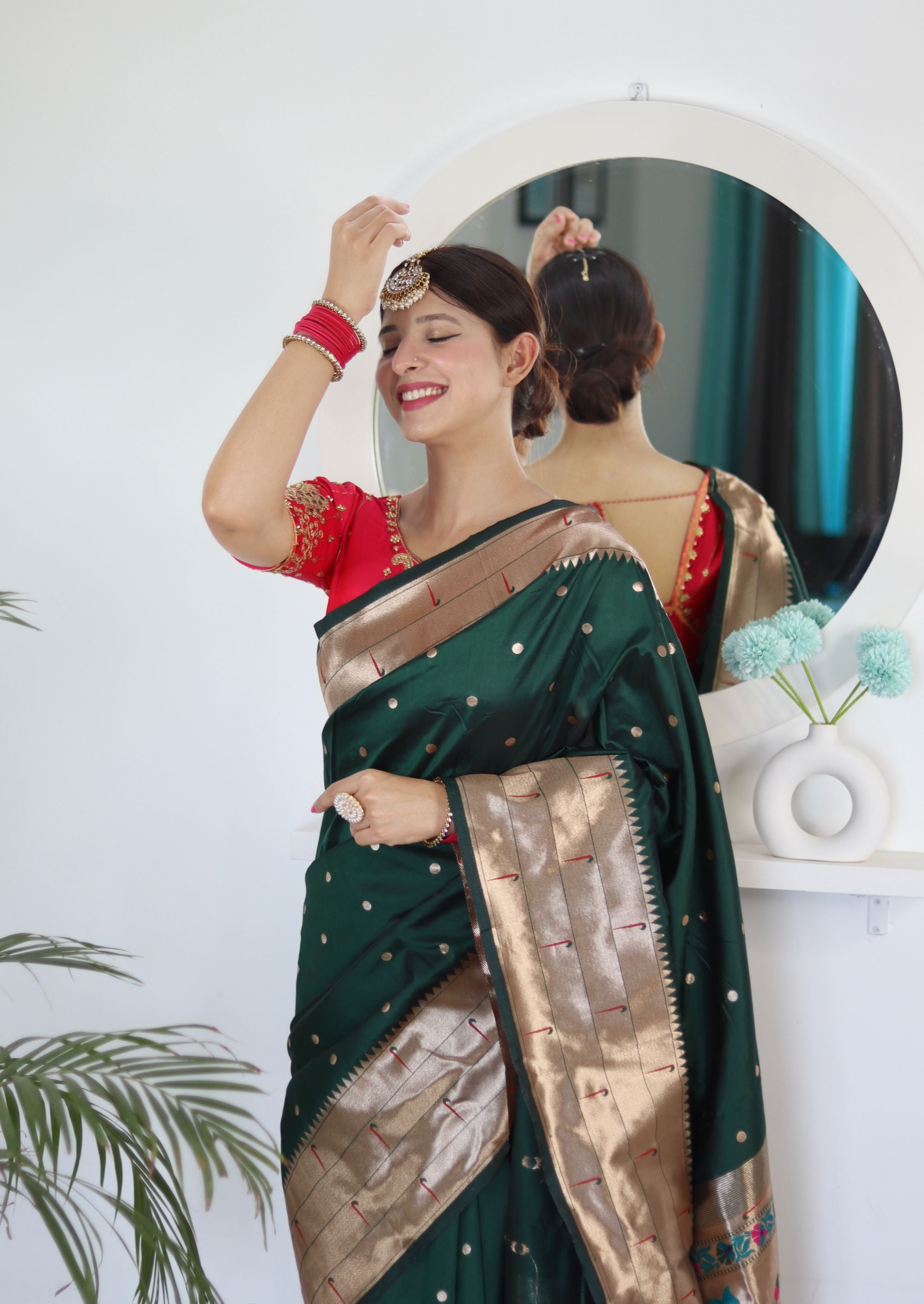 Gorgeous Dark Green Paithani Silk Saree With Designer Blouse Piece