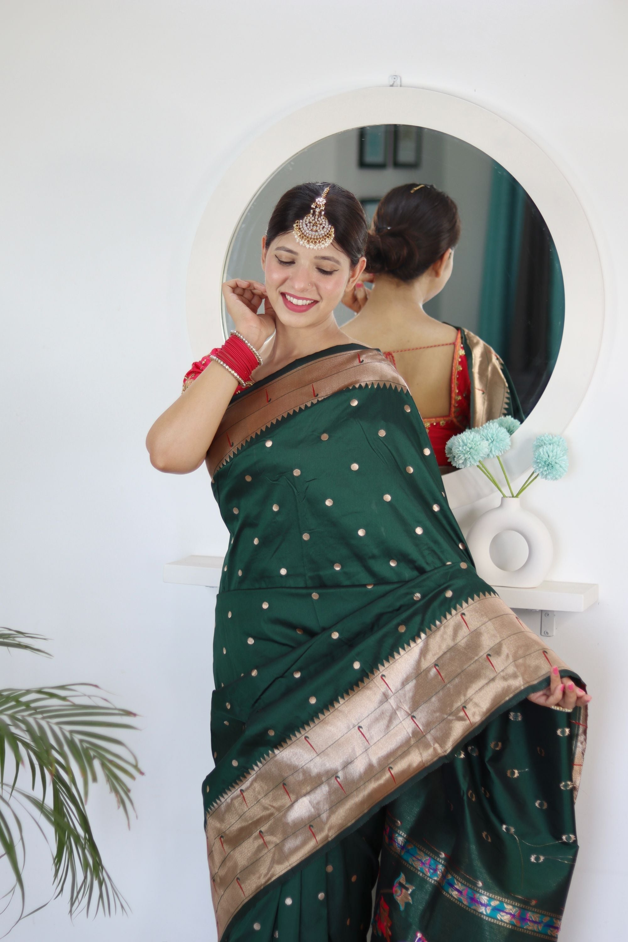 Gorgeous Dark Green Paithani Silk Saree With Designer Blouse Piece