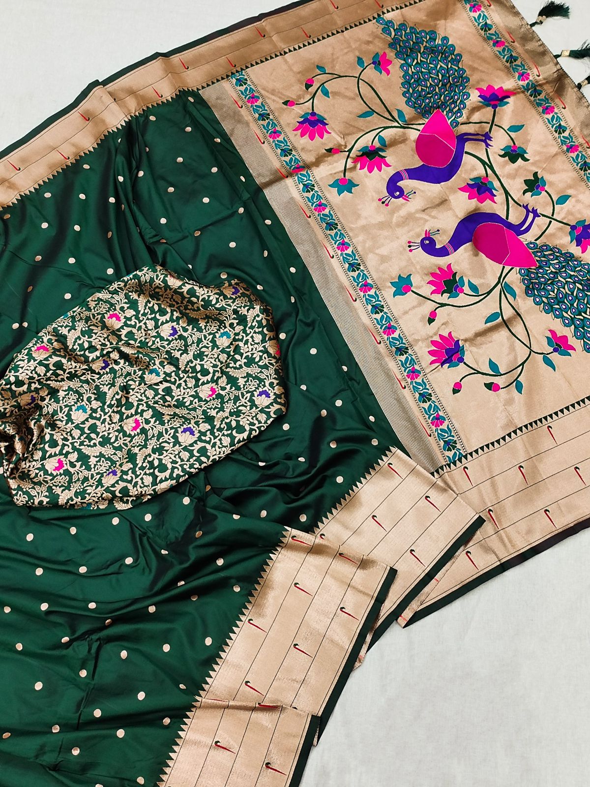 Gorgeous Dark Green Paithani Silk Saree With Designer Blouse Piece